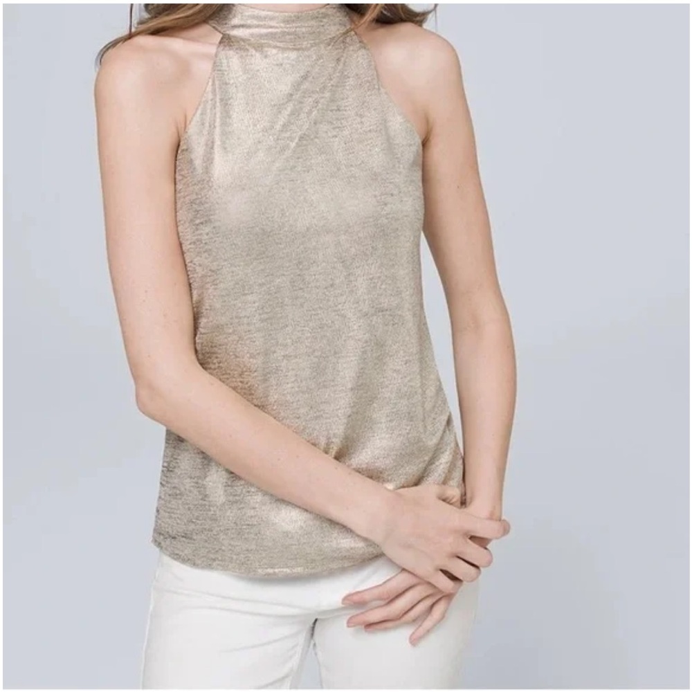 White‎ House Black Market Mock Neck Metallic halter top in gold SZ XS